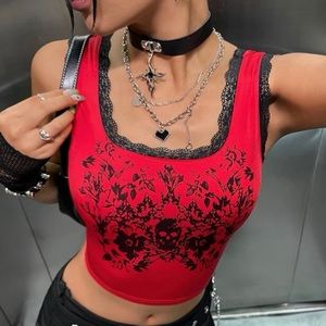 ROMWE PUNK Floral & Skull Print Lace Trim Crop Tank Top